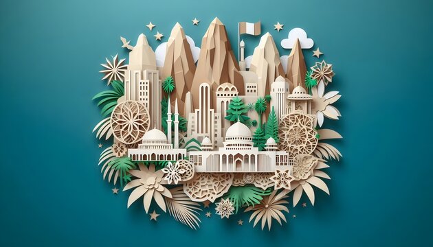 illustration in paper-cut style on Nigerian culture, traditional Nigerian attire, Zuma Rock and the National Mosque. Celebration of National Independence Day of Nigeria.