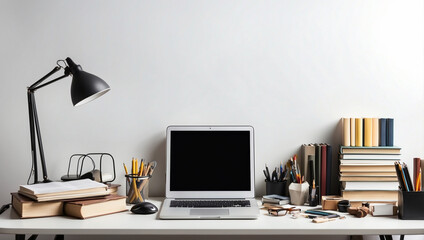 Workspace office table empty desk with books and supplies
