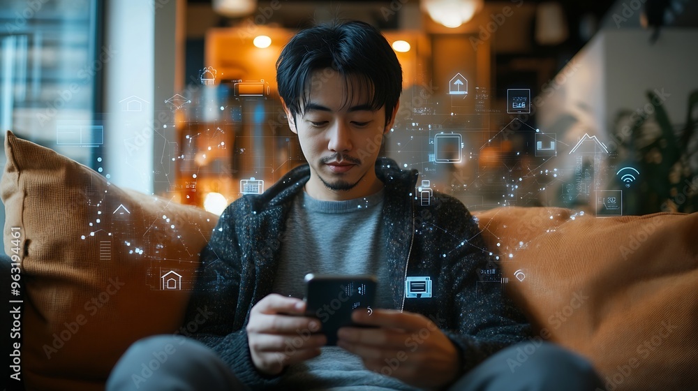 Leinwandbilder asian man sitting on sofa and using smart home control app on mobile phone with augmented reality vi