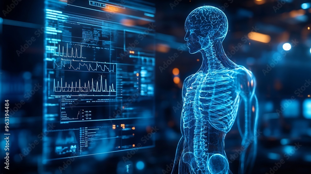 Poster abstract virtual medical hologram on modern architecture background online medical consulting concep