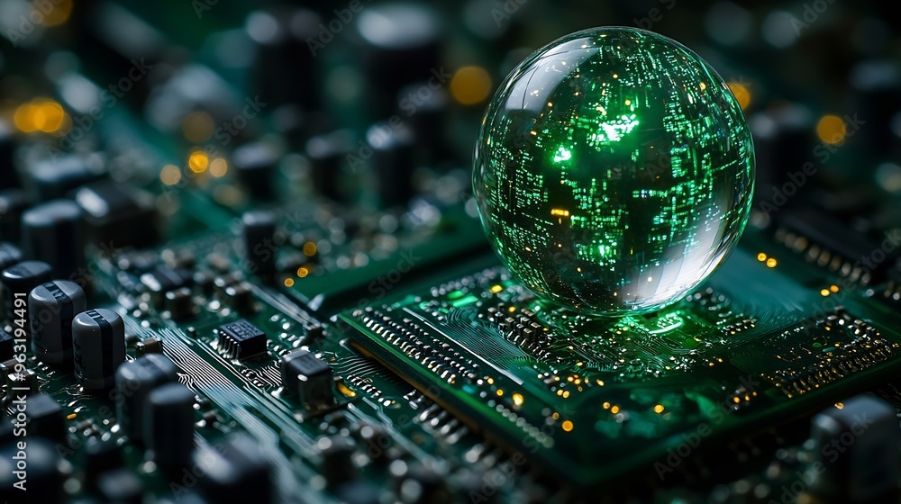 Aufkleber Concept of green technology crystal globe on circuit board technology innovations Environment Green Technology Computer ChipGreen Computing and Technology CSR and IT ethics Ai : Generative AI