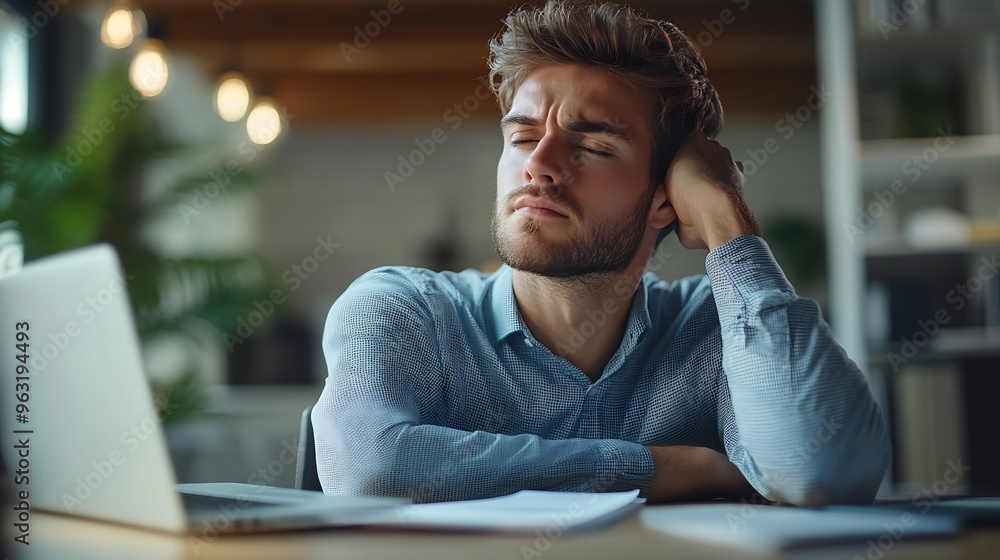 Aufkleber a young businessman in a modern office setting experiencing neck pain while working at his desk with