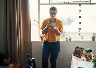 Coffee, thinking and morning with woman at window for daily affirmation, relax and inspiration....