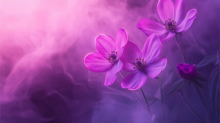 Futuristic Flowers: Pink flowers glowing in soft pink and purple misty atmosphere.