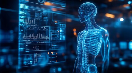 Abstract virtual medical hologram on modern architecture background online medical consulting concept Multiexposure : Generative AI