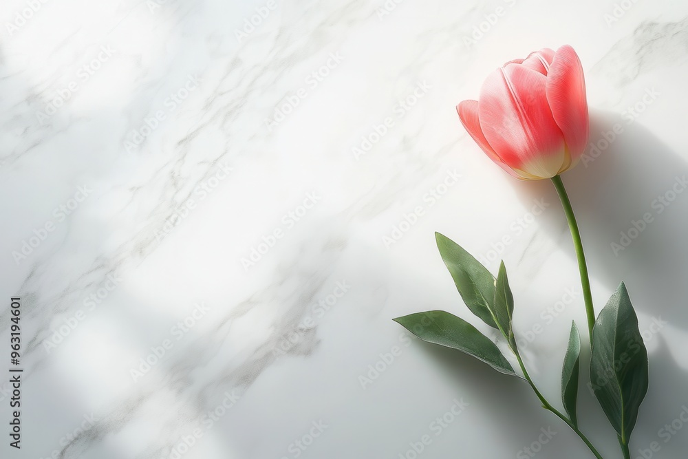 Aufkleber a delicate pink tulip rests on an immaculate white marble surface, illuminated by gentle, diffused l