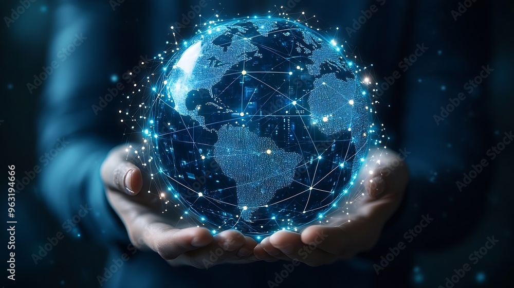 Aufkleber Hand holding globe with network connecting data Implement of digital technology cloud computing and ai artificial intelligence develop smart information transformant and global busines : Generative AI
