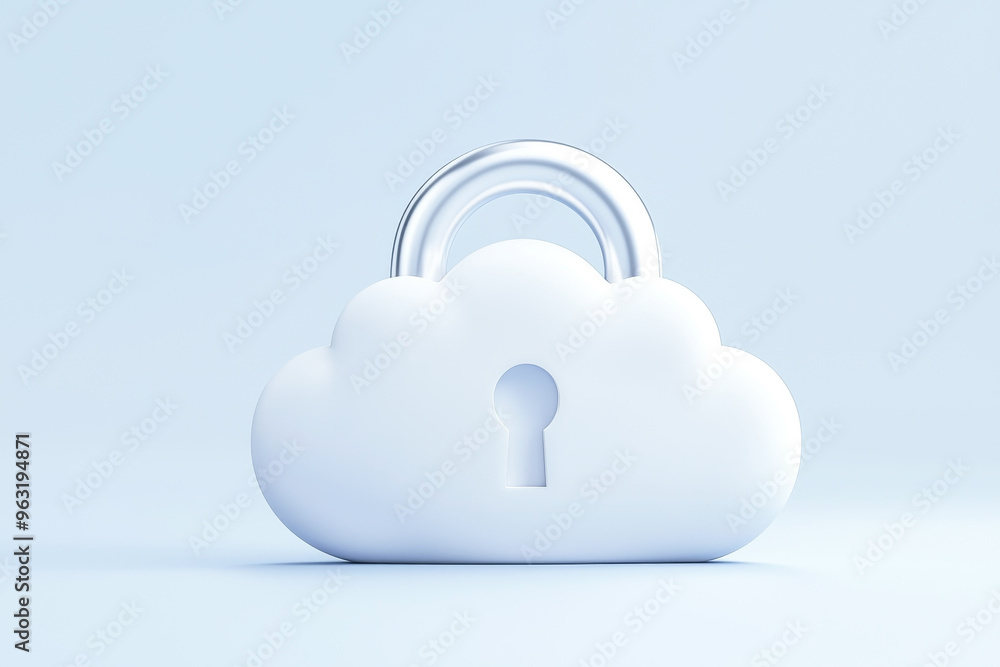 Poster a white cloud with a padlock symbolizing cloud security and data protection in a digital environment
