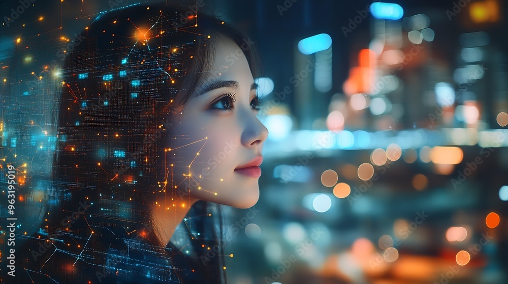 Aufkleber Internet network connection data exchange digital marketing IoT internet of things Double exposure woman using modern computer surfing the internet and smart city innovative technology : Generative AI