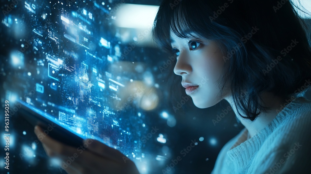 Aufkleber Woman on digital tablet futuristic network overlay and iot cloud data communication hologram with blockchain coding technology Future of cyber security fintech software and information : Generative AI