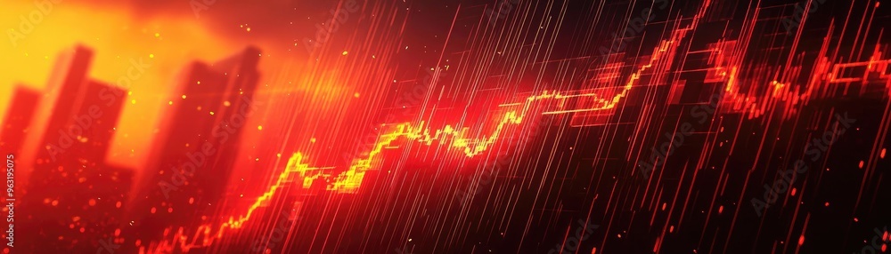 Poster dynamic financial growth chart visualized with vibrant red tones against an urban skyline, symbolizi