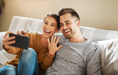 Home, couple and announcement with video call for engagement, show ring and share excitement on...