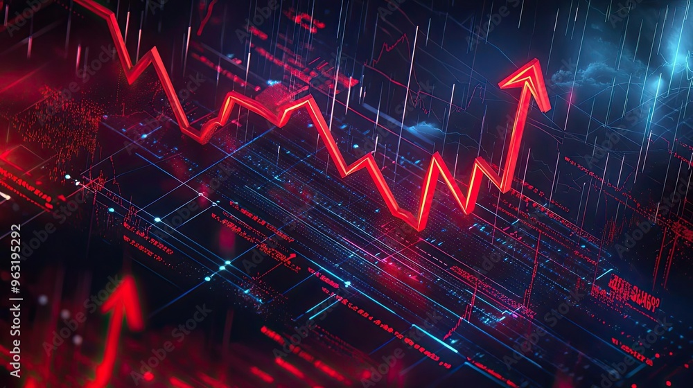 Poster dynamic financial graph with rising red arrows and digital data elements, symbolizing growth and mar