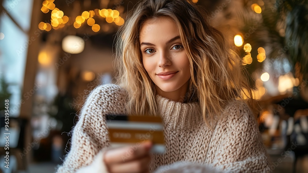 Poster young happy woman buy product by online shopping at home while ordering items from the internet with