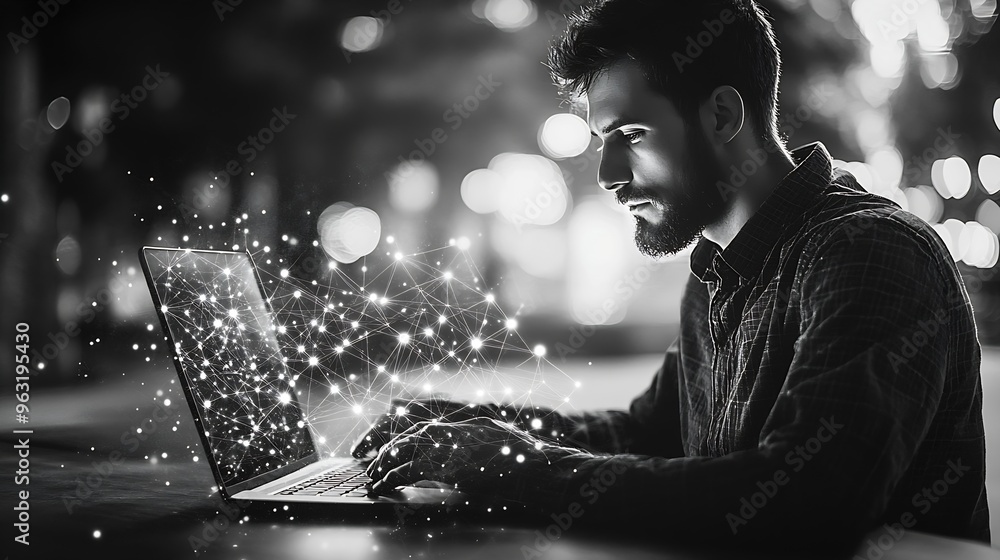 Fototapete Business man programmer software developer working on laptop computer with network connection monochrome internet of things IoT 40 digital technology development concept : Generative AI