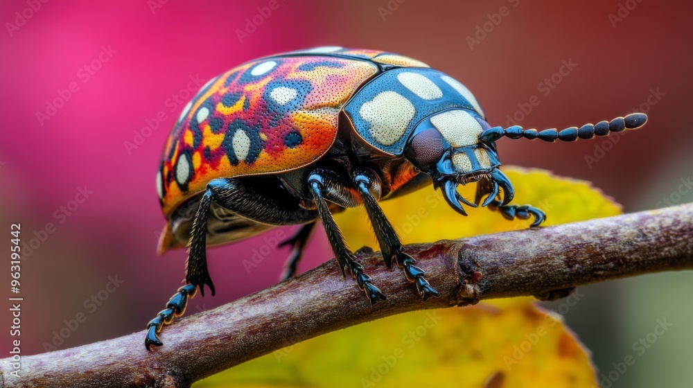 Aufkleber High-resolution close-up of a colorful beetle on a branch, highlighting its vivid patterns and glossy exoskeleton against a contrasting background.