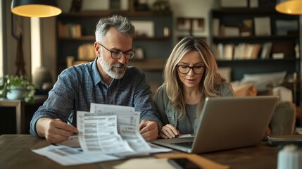 Fototapeta premium Happy middle aged mature man and woman paying bills online at home Older senior couple using laptop computer checking insurance or financial invoice counting taxes sitting at table in : Generative AI