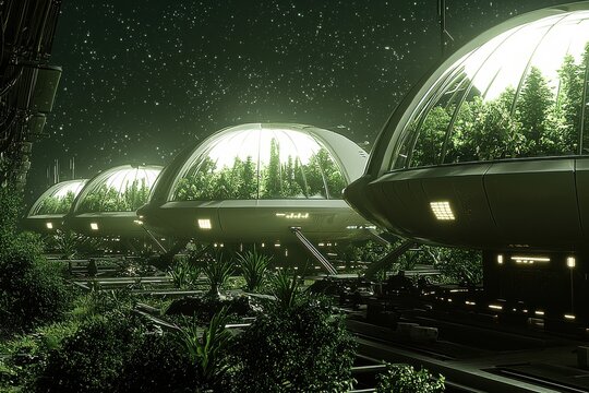 Futuristic domed greenhouse oasis in lush forest landscape, sci fi nature concept
