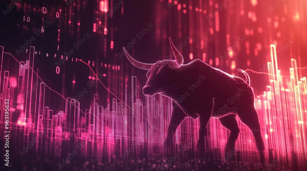 Poster A dynamic digital illustration of a bull against a backdrop of vibrant data streams and graphs, symbolizing market strength.