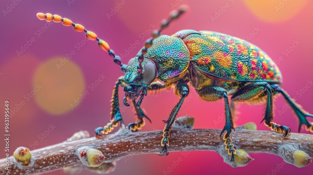 Poster High-resolution close-up of a colorful beetle on a branch, highlighting its vivid patterns and glossy exoskeleton against a contrasting background.