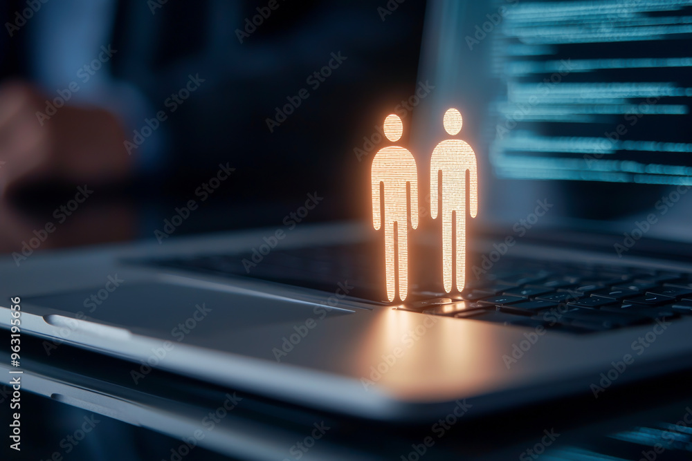 Poster digital representation of people on a laptop, symbolizing remote collaboration and online connection