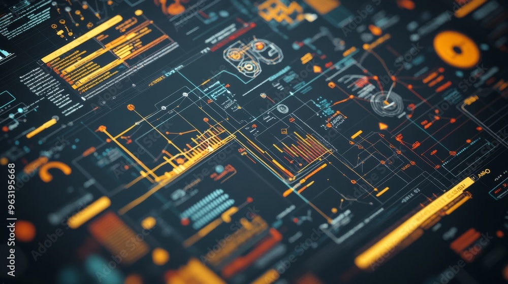 Poster high-resolution close-up of a complex infographic with charts, icons, and data visualizations, empha