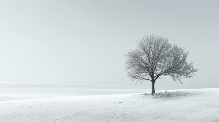 Fototapeta premium Lonely tree standing on snowy white field against foggy winter background with cold atmosphere. Concept of solitude and minimalism