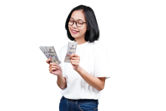 A smiling asian woman counting money isolated transparent