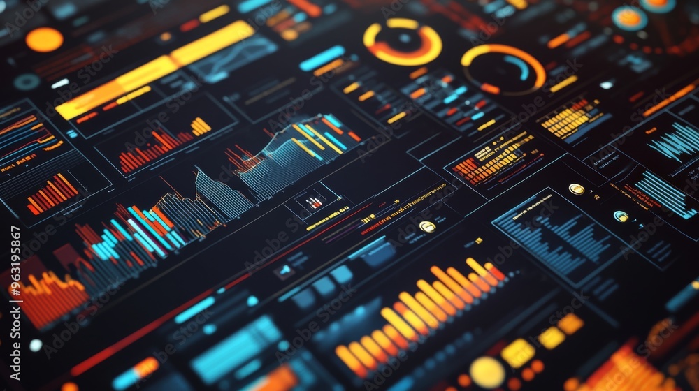 Poster high-resolution close-up of a complex infographic with charts, icons, and data visualizations, empha