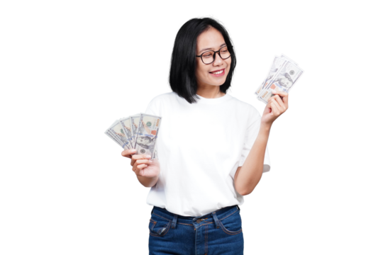 A smiling asian woman counting money isolated transparent