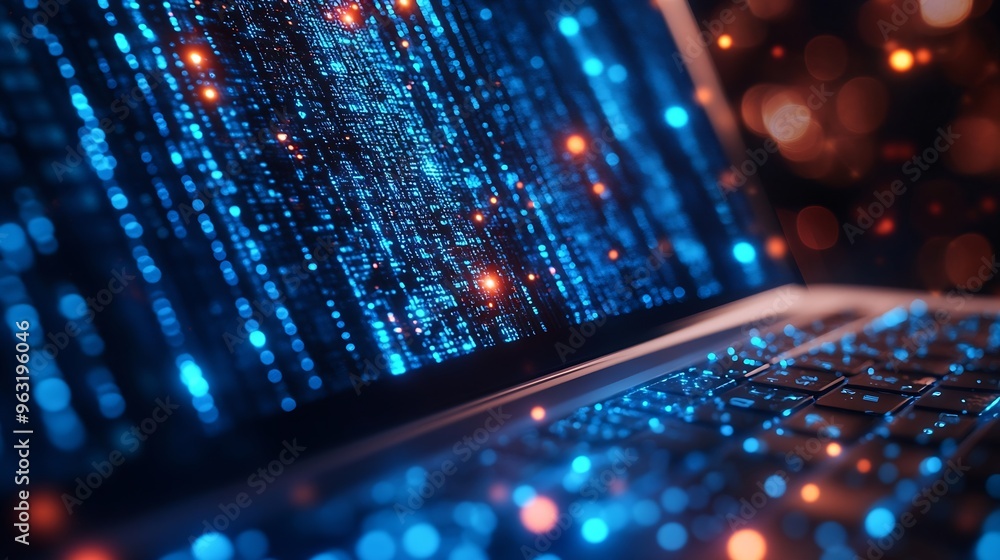Fototapete Internet network technology IoT digital software development computer code modern tech concept Internet network with wireless connection cloud computing computer script on laptop : Generative AI