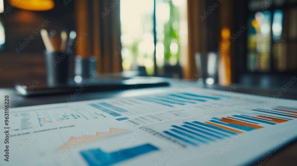 Aufkleber High-resolution close-up of a financial report with graphs and charts, showcasing detailed analysis and data visualization on a modern desk.
