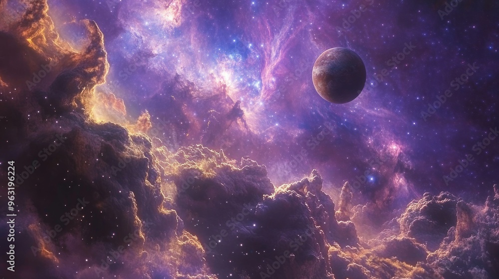 Wall mural Celestial Landscape: A Distant Planet amidst a Cosmic Nebula