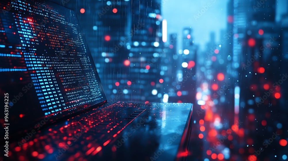 Aufkleber Digital technology internet network connection big data digital marketing IoT Programmer coding on computer with smart city and internet network data accessing innovative technology ba : Generative AI