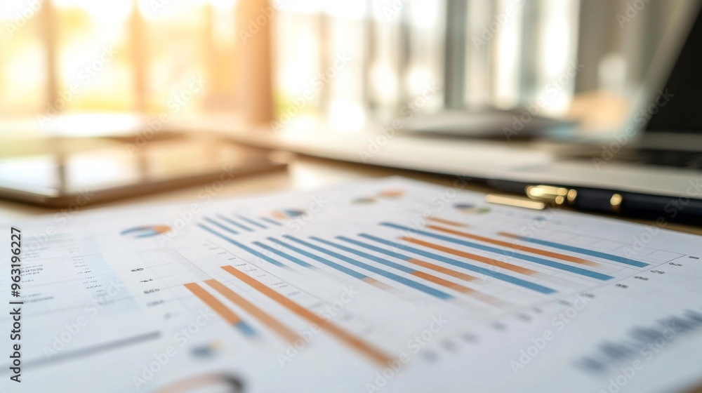 Aufkleber High-resolution close-up of a financial report with graphs and charts, showcasing detailed analysis and data visualization on a modern desk.