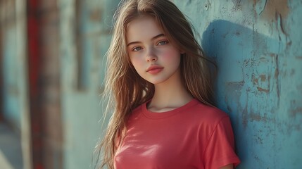 Fototapeta premium fashion style of teen girl wear tshirt standing in full length teen style of pretty girl : Generative AI