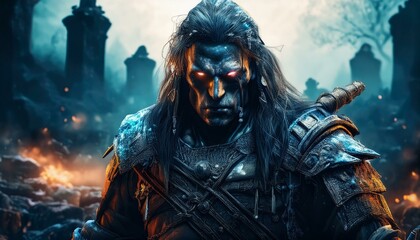 Title: "The Dark Warlord of the Ruins"

Description: The image showcases a brooding, armored warrior standing in a desolate battlefield surrounded by ancient ruins. His glowing red eyes pierce through