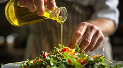 Olive oil pouring over fresh salad by chef