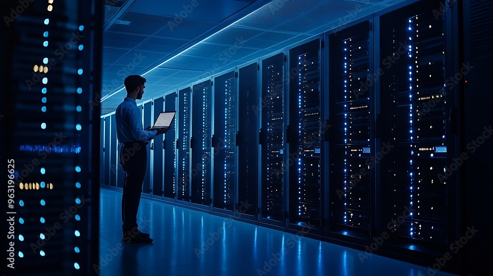 Poster Successful Data Center IT Specialist Using Laptop Computer Server Farm Cloud Computing Facility with System Administrator Working Data Protection Engineering Network for Cyber Security : Generative AI