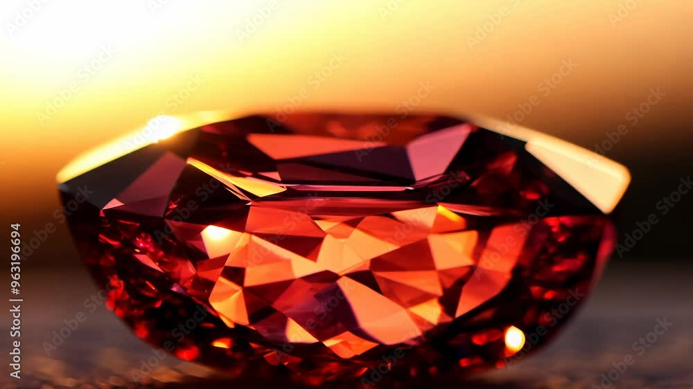 Poster slow pan across a ruby with its vibrant red color and silky luster. late afternoon with warm light. 