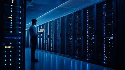 Successful Data Center IT Specialist Using Laptop Computer Server Farm Cloud Computing Facility with System Administrator Working Data Protection Engineering Network for Cyber Security : Generative AI