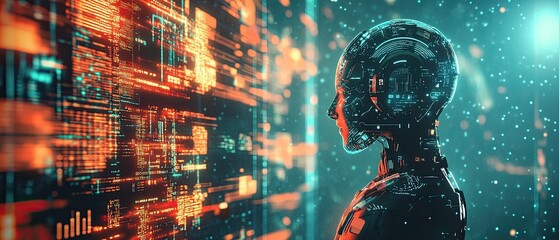 Cutting-edge AI chatbot handling complex queries with an interactive digital display and a high-tech, glowing environment