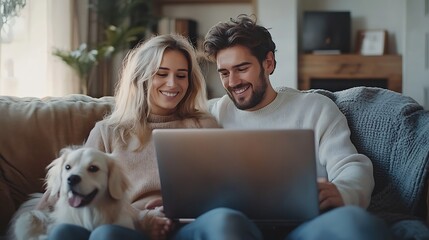 Happy young couple using laptop computer shopping online watching video sitting with dog on comfortable sofa Smiling man and woman working from home : Generative AI
