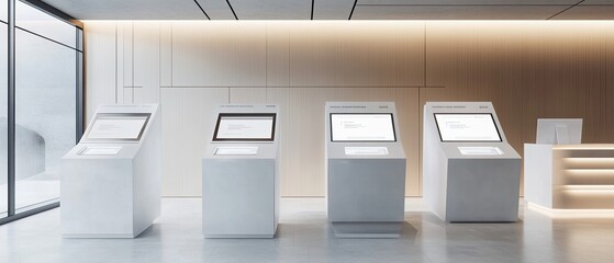 Self-checkout terminals in a minimalist retail space with clean lines and modern aesthetic demonstrating ease of use and high-tech functionality