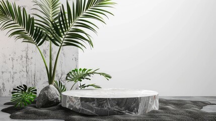 Product showcase: Stone podium with palm leaves on black sand against white backdrop