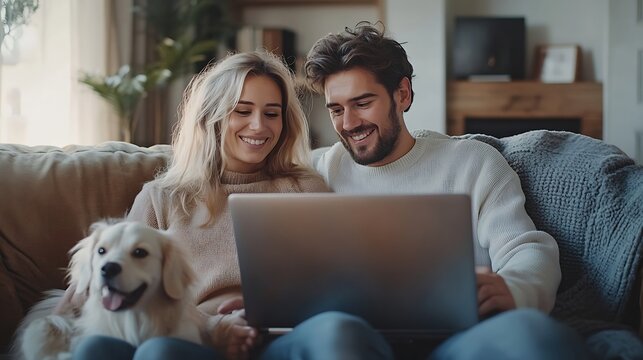 Happy young couple using laptop computer shopping online watching video sitting with dog on comfortable sofa Smiling man and woman working from home : Generative AI