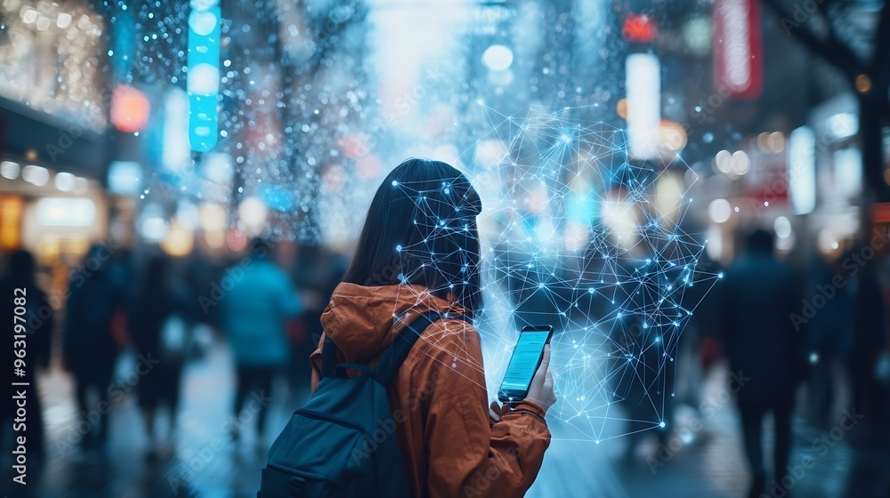 Aufkleber Communication technology  smart connection IOT and people network technology concept People using connective device to connect to the secured internet network and cloud computing serve : Generative AI