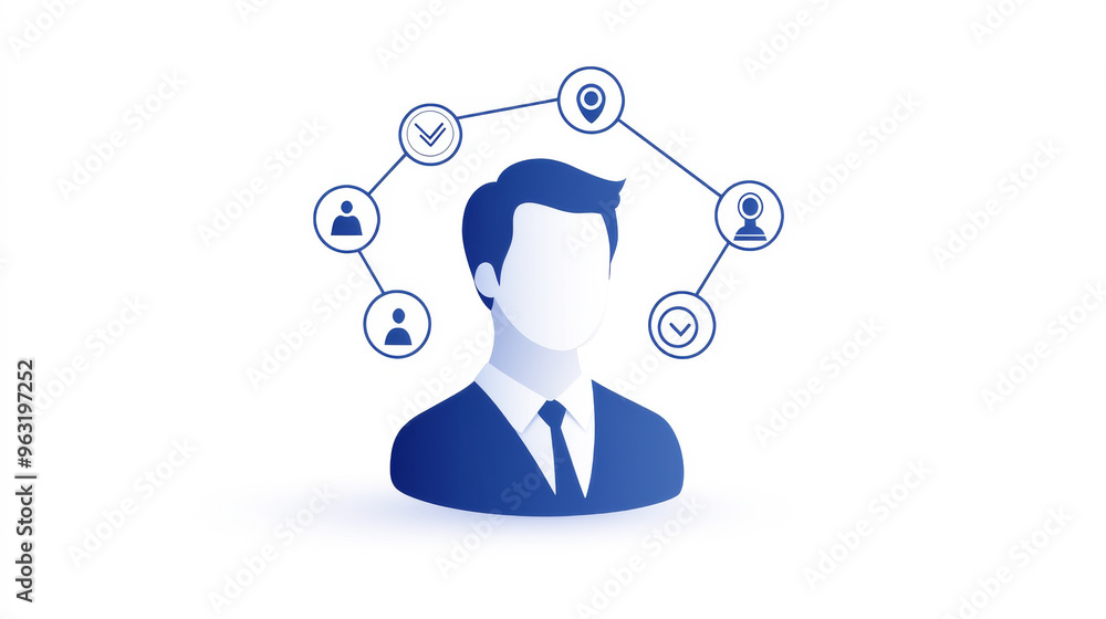 Poster stylized graphic of a professional figure surrounded by connection icons representing networking and