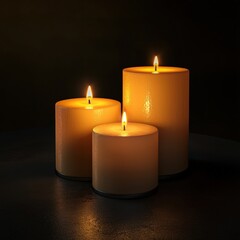 Three burning candles on a dark background.