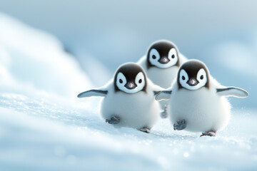 Fototapeta premium Three adorable penguin chicks playing in the snow, showcasing their fluffy bodies and playful nature in a cold habitat.